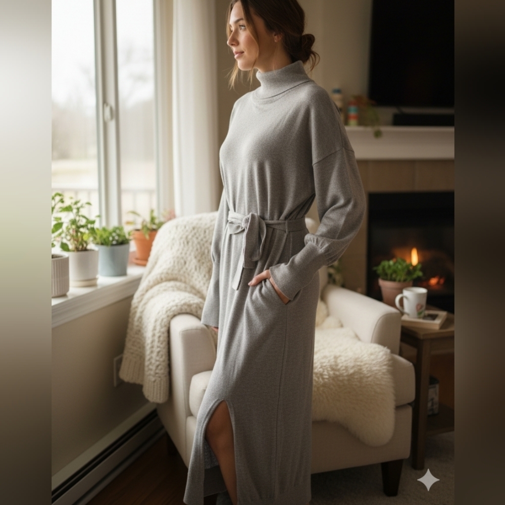 Evereve Adelyn Midi Sweater Dress Light Gray XL Soft Cozy Classic Old Money